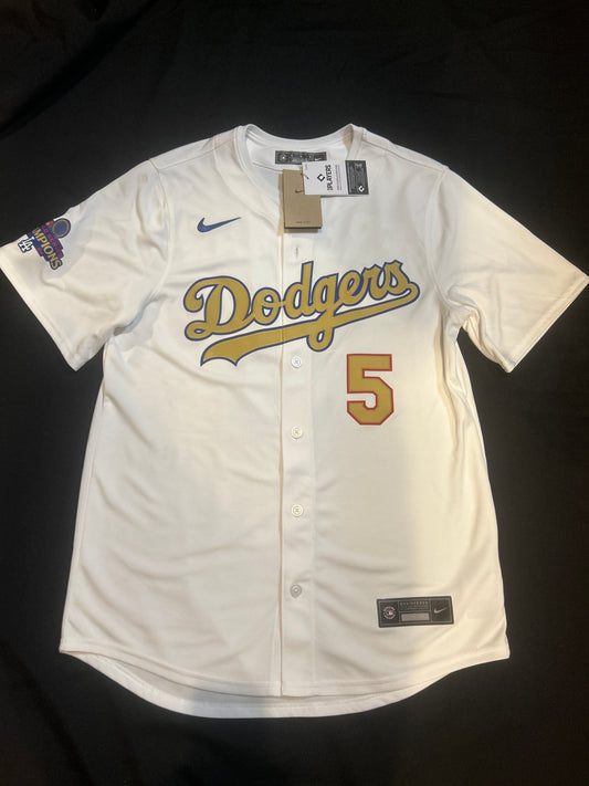 Los Angeles Dodgers MLB Genuine Merchandise Nike Gold Elite 2024 World Series Champions #5 Freeman Authentic Replica Men Jersey