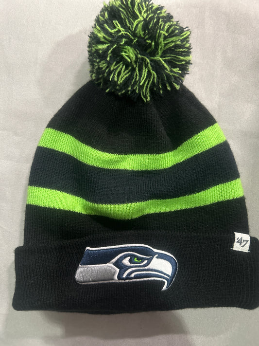 Seattle Seahawks NFL Black Striped Knit Pom Beanie