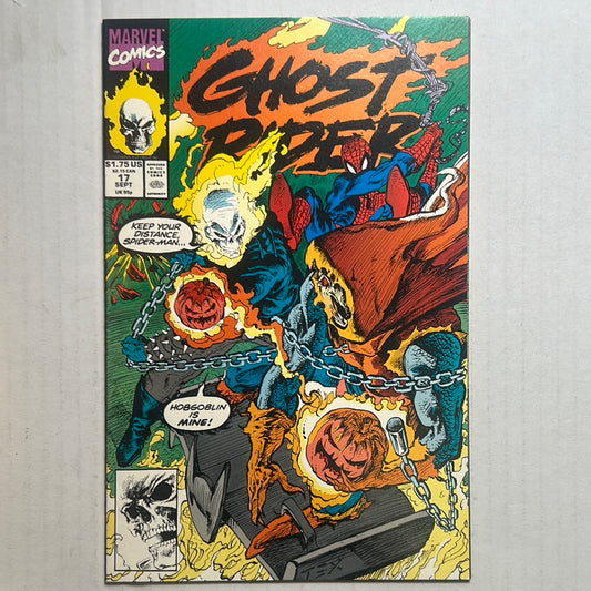 Cover of 'Ghost Rider No.17' featuring the character in a superhero costume with a flame-like helmet, surrounded by a fiery background.