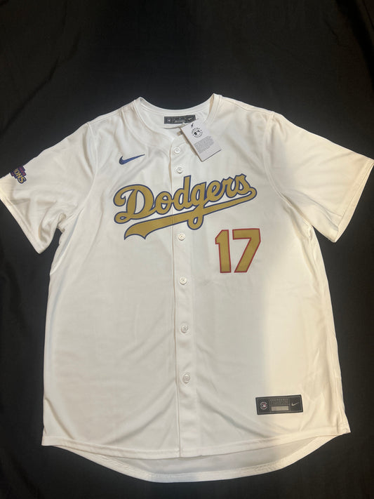 Los Angeles Dodgers MLB Genuine Merchandise Nike Gold Elite 2024 World Series Champions #17 Ohtani Authentic Replica Men Jersey