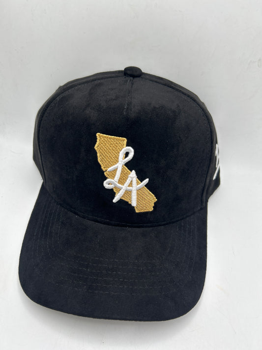 Los Angeles LA California State JSW Private Label Black/Gold Suede A-Frame SnapBack Hat