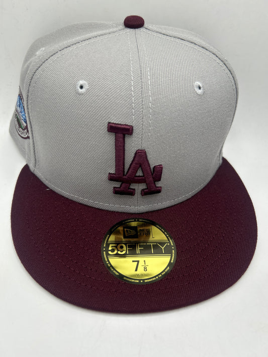 Los Angeles Dodgers MLB Cooperstown Collection New Era 59Fifty Dodgers Stadium 50th Anniversary Side Patch Fitted Hat Grey/Maroon