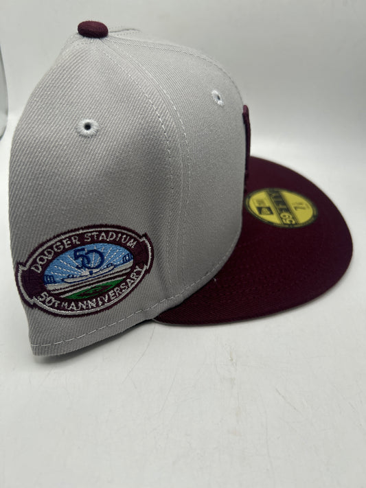 Los Angeles Dodgers MLB Cooperstown Collection New Era 59Fifty Dodgers Stadium 50th Anniversary Side Patch Fitted Hat Grey/Maroon