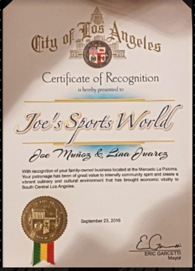 City of Los Angeles Certificate of Recognition for Joes Sports World