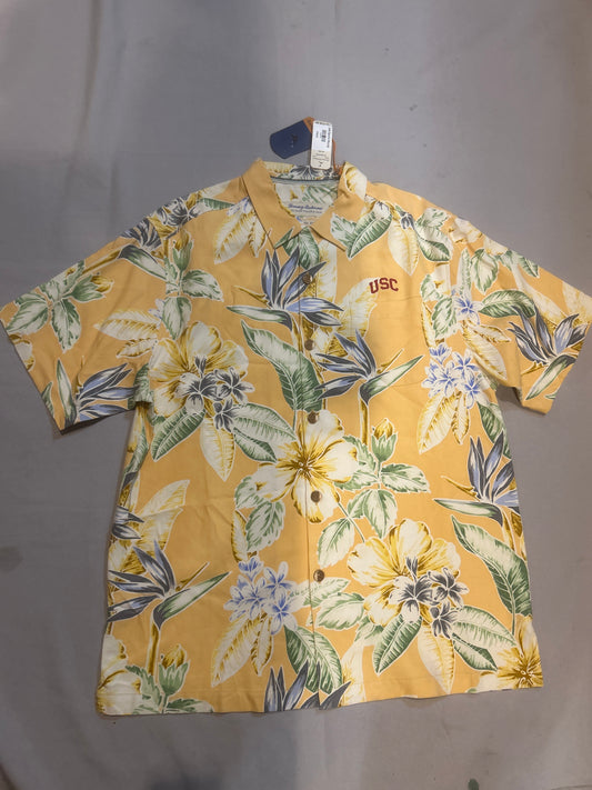 USC Trojans Tommy Bahama Yellow Silk Button-Up Floral Original Fit Men Polo Guayabera