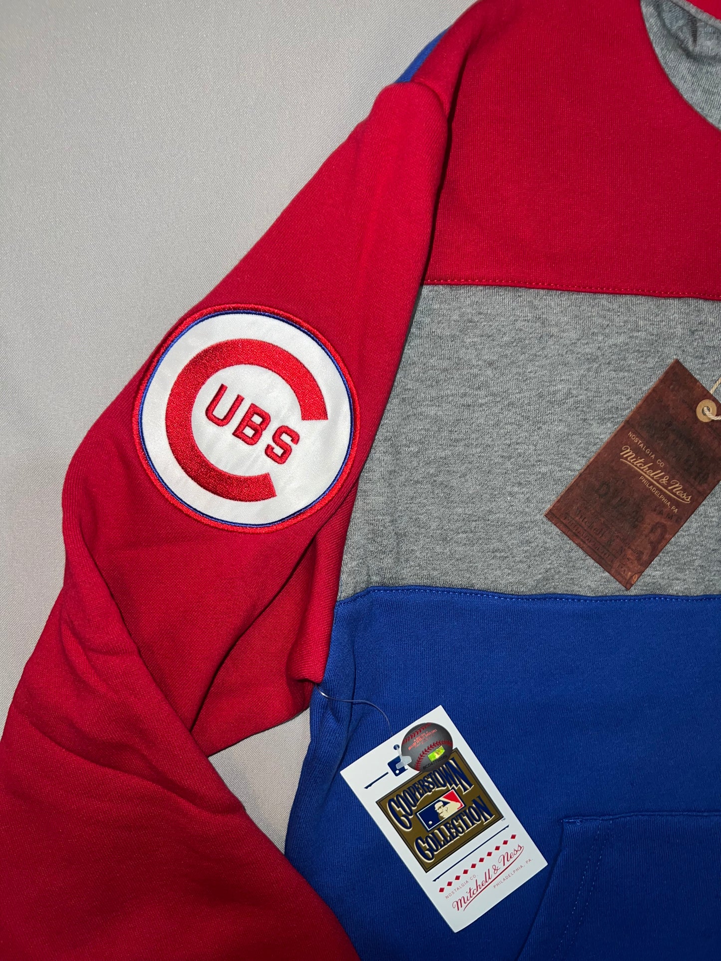 Chicago Cubs MLB Mitchell & Ness a Cooperstown Collection Colon Blocked (Blue/Grey/Red/White) Fleece Hoodie