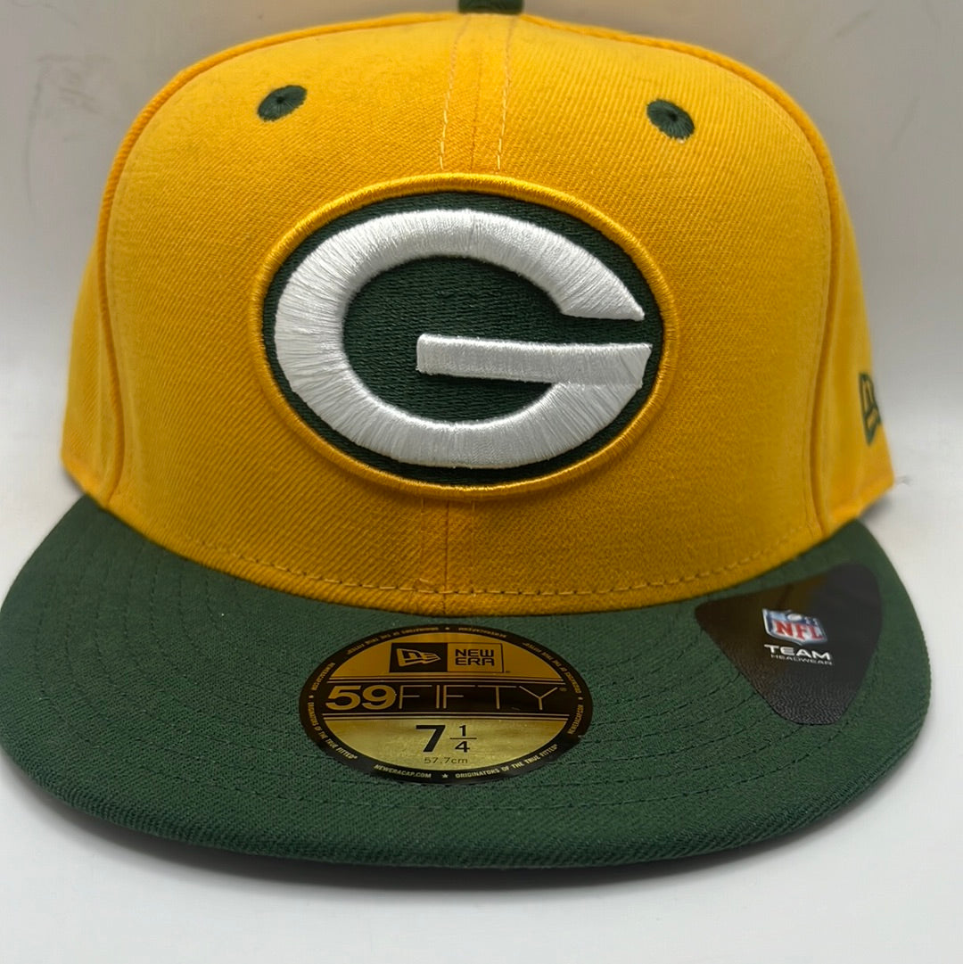 Green Bay Packers NFL New Era 59Fifty Official Team Headwear Classic Logo Yellow with Green Visor Fitted Hat