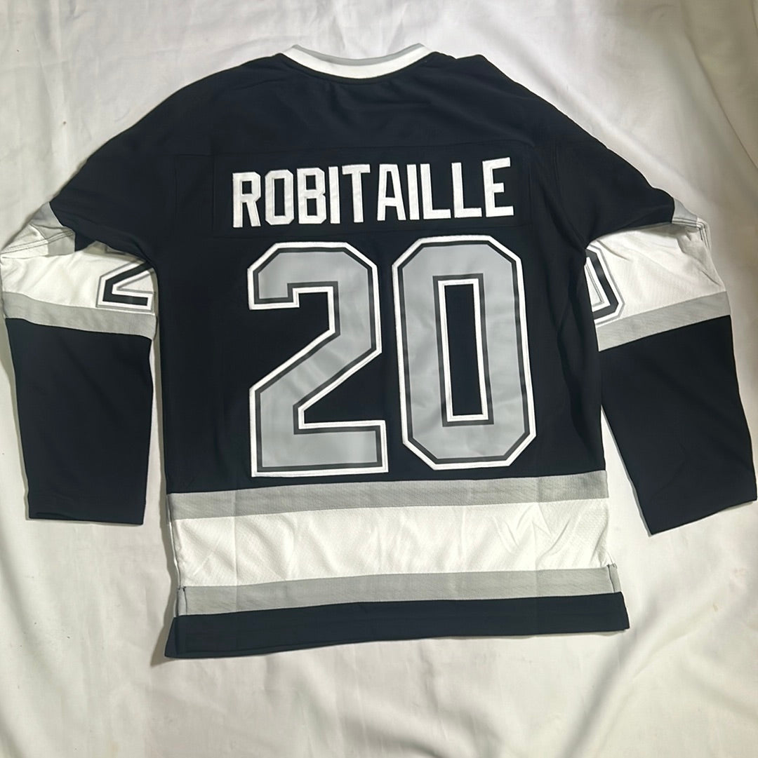 Los Angeles Kings NHL Mitchell and Ness Nostalgia Co #20 Luc Robitaille Captain Patch 1992/1993 Blue Line Collection Men Vintage Jersey - Black