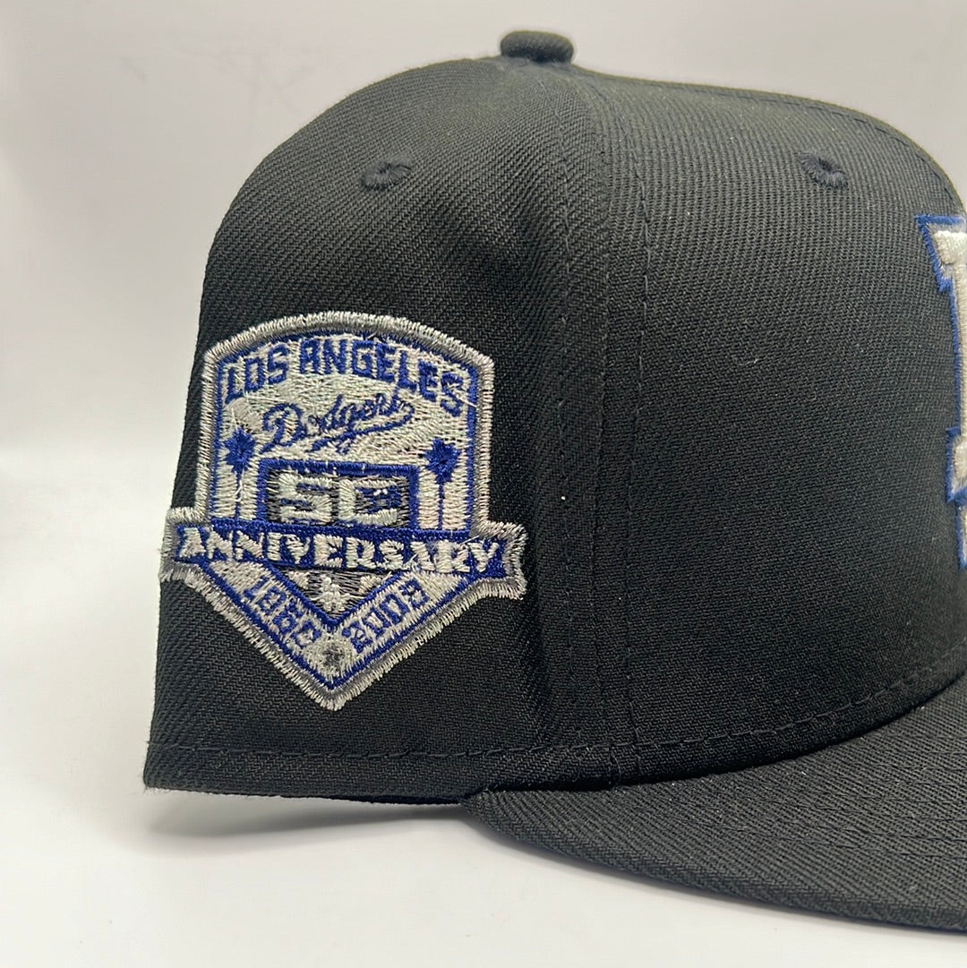 Los Angeles Dodgers MLB New Era 59Fifty Cooperstown Collection “50th Anniversary 1958-2008” Side Patch Classic Black Fitted Hat