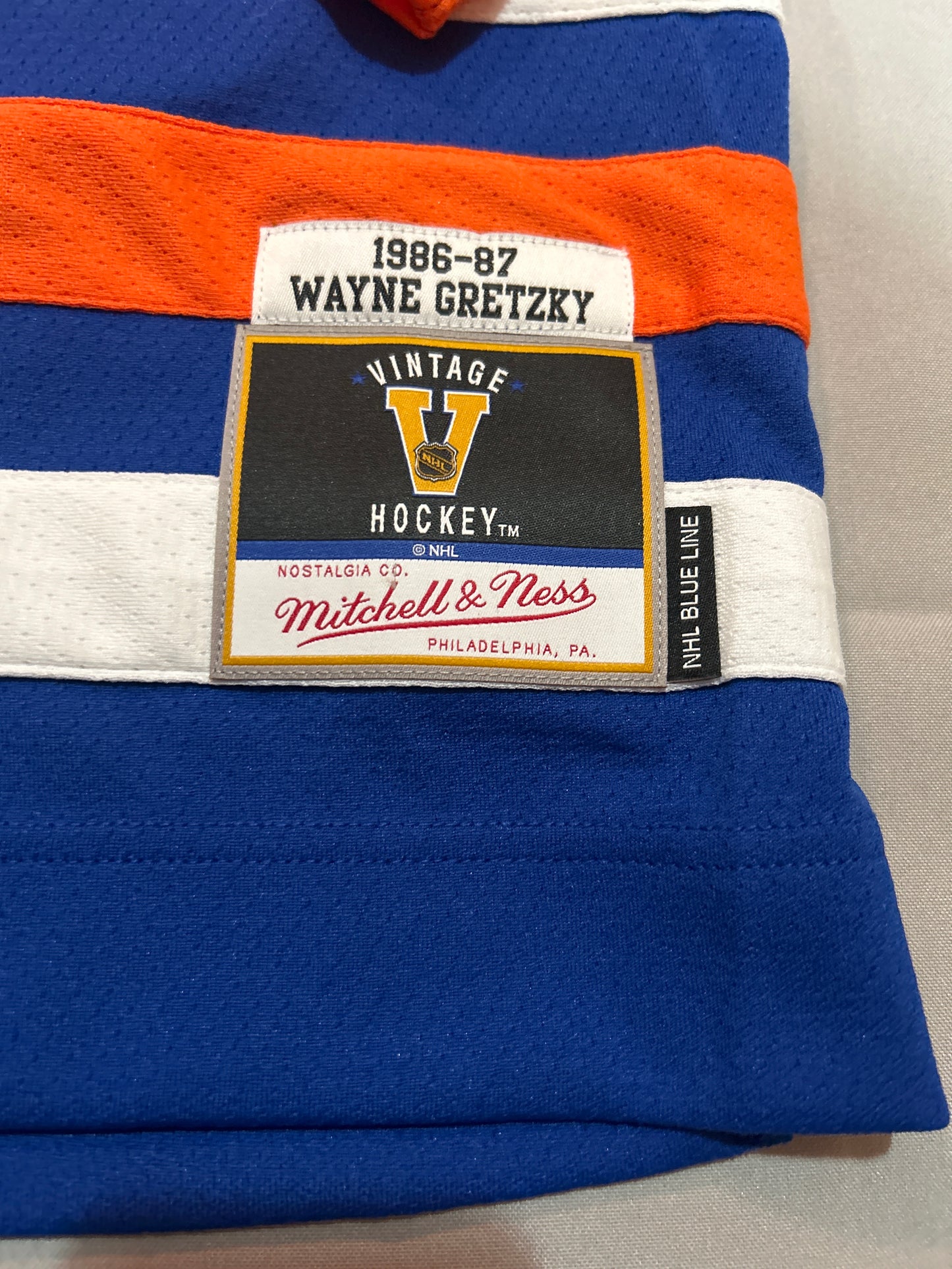 Vintage Edmonton Oilers NHL #99 Wayne Gretsky Mitchell & Ness 1986/87 Royal Captain Patch Blue Line Men's Player Jersey