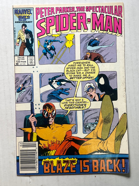 Peter Parker, The Spectacular Spider-Man by Marvel Comics Group “Blaze is Back!” Marvel 25th Anniversary #123 Feb 1986 Comic Book