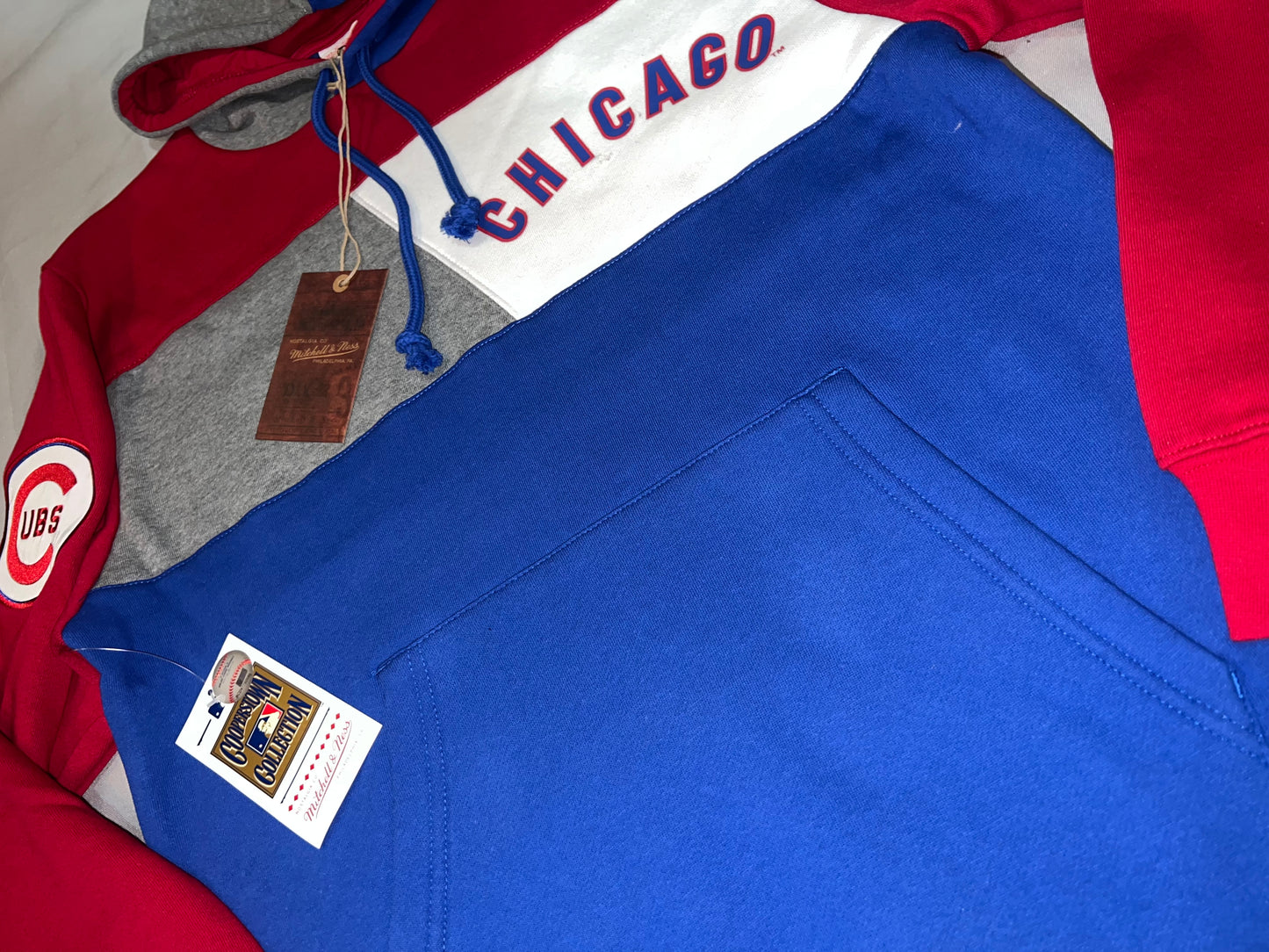 Chicago Cubs MLB Mitchell & Ness a Cooperstown Collection Colon Blocked (Blue/Grey/Red/White) Fleece Hoodie