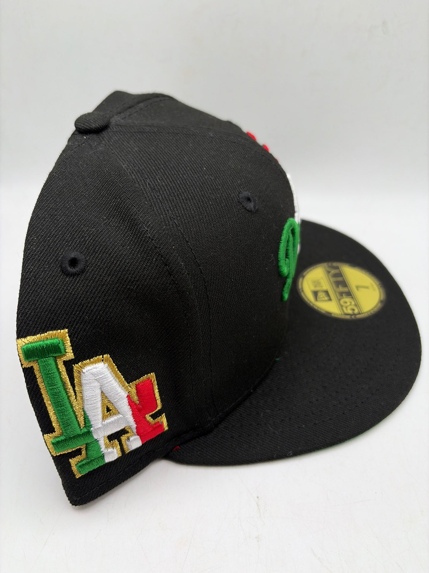 Los Angeles Dodgers MLB Mexican Flag-Colored Script Wordmark and Side Patch 59Fifty New Era Fitted Hat