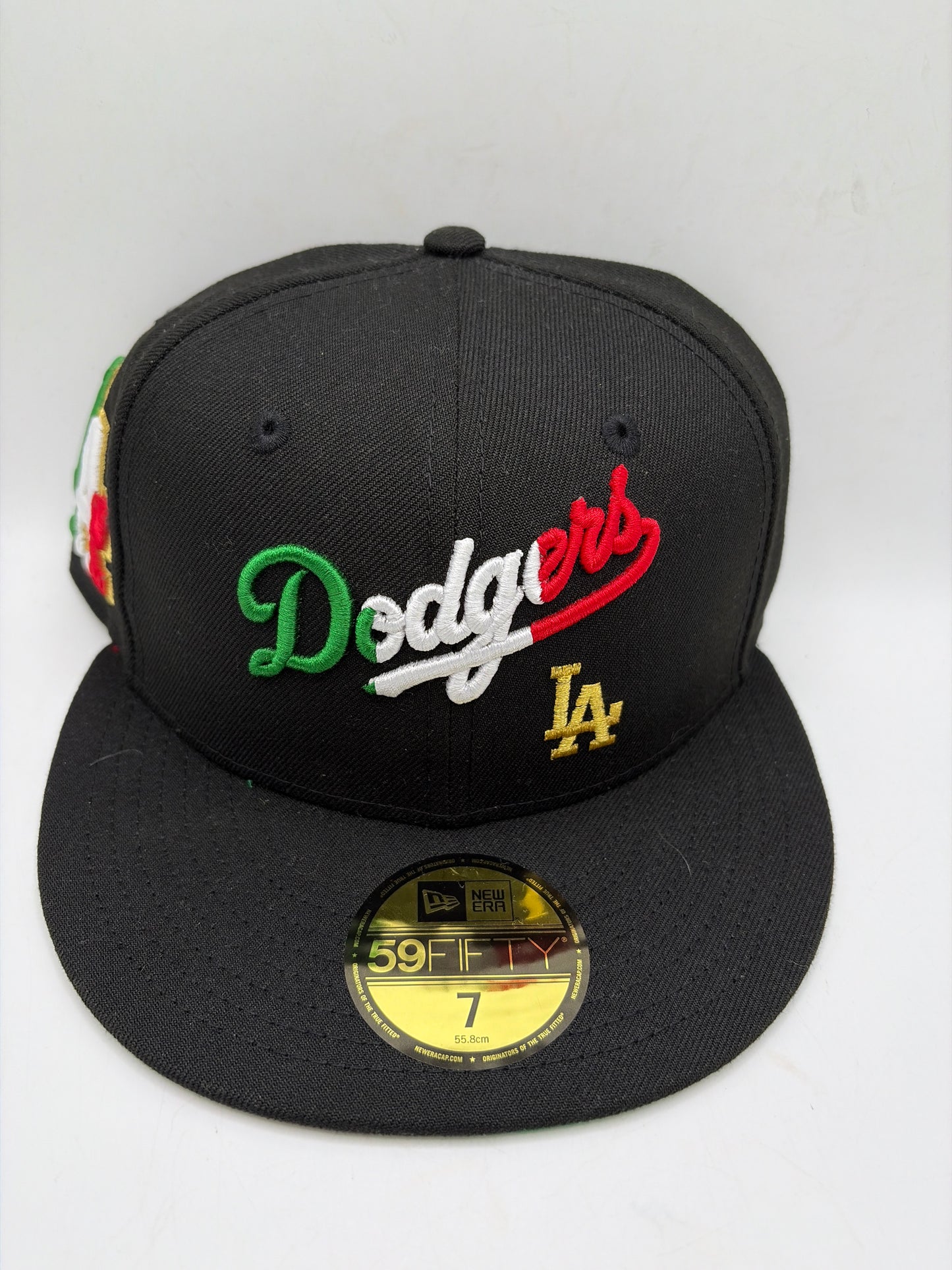 Los Angeles Dodgers MLB Mexican Flag-Colored Script Wordmark and Side Patch 59Fifty New Era Fitted Hat