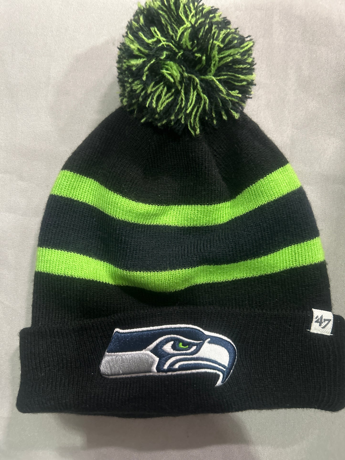 Seattle Seahawks NFL Black Striped Knit Pom Beanie