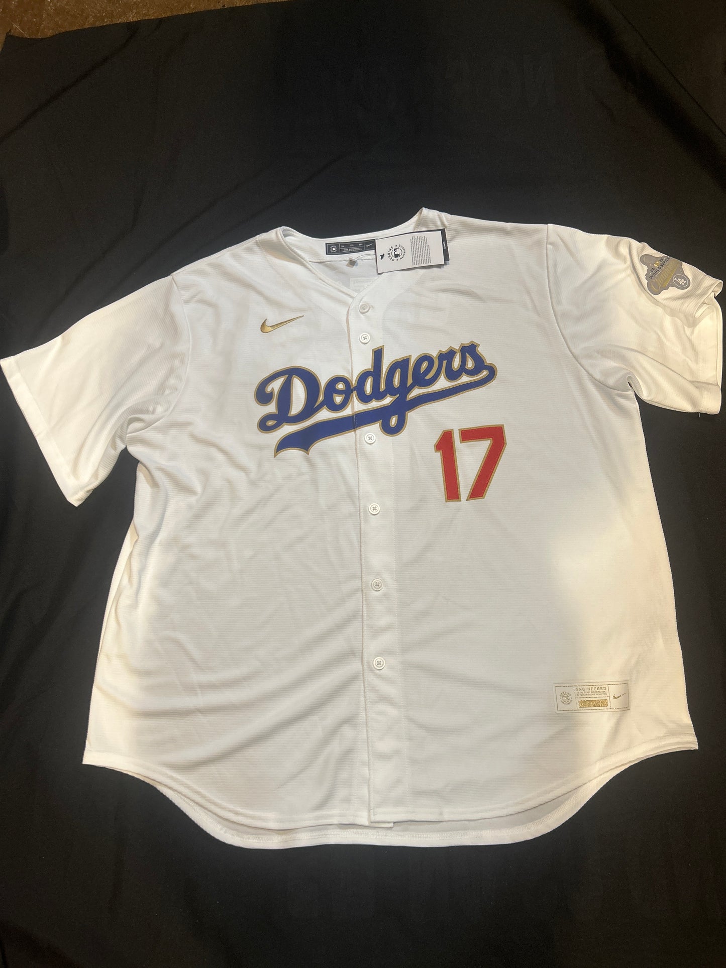 Los Angeles Dodgers MLB Nike Genuine Merchandise Gold Elite 2025 World Series Champions #17 Ohtani Authentic Replica Men Jersey