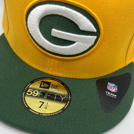 Green Bay Packers NFL New Era 59Fifty Official Team Headwear Classic Logo Yellow with Green Visor Fitted Hat