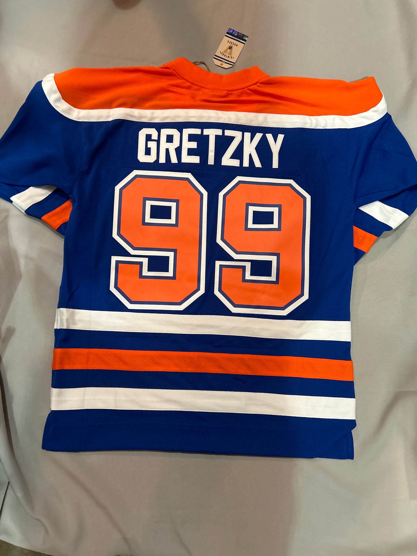 Vintage Edmonton Oilers NHL #99 Wayne Gretsky Mitchell & Ness 1986/87 Royal Captain Patch Blue Line Men's Player Jersey