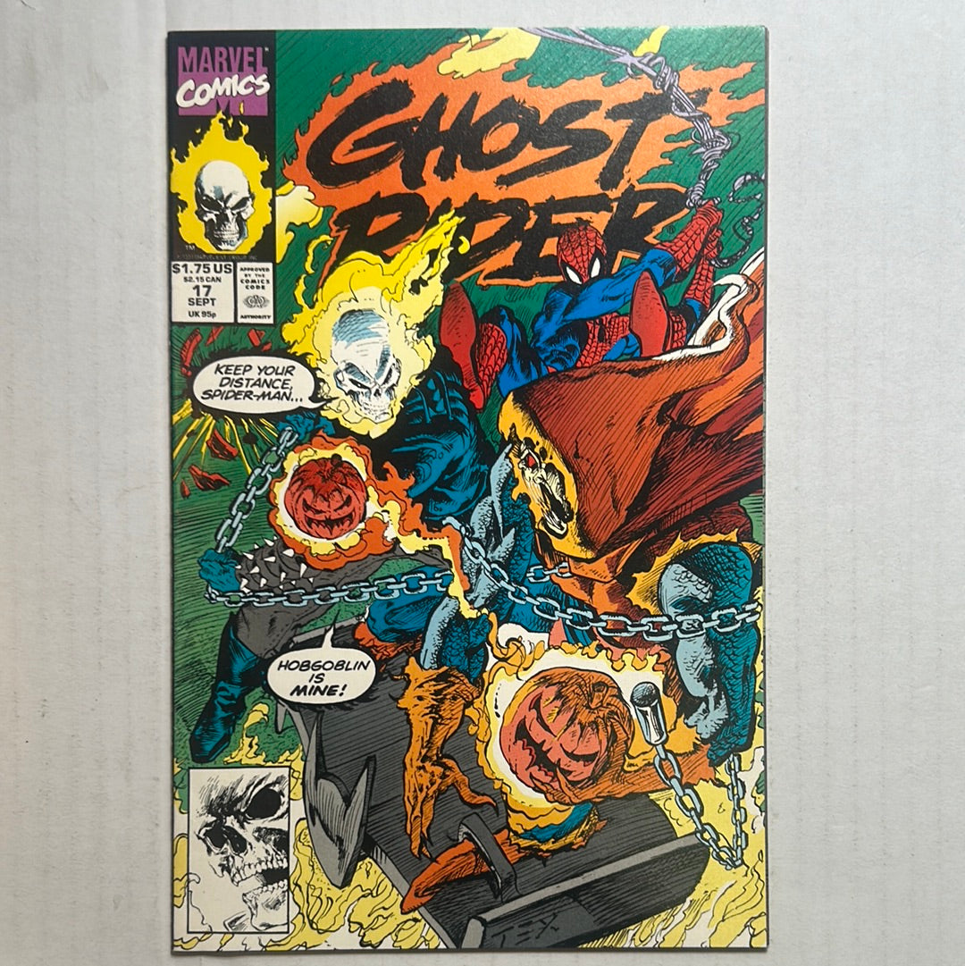 Cover of 'Ghost Rider No.17' featuring the character in a superhero costume with a flame-like helmet, surrounded by a fiery background.