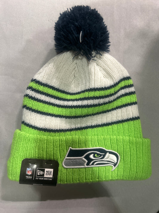 Seattle Seahawks NFL White Striped Knit Pom Beanie