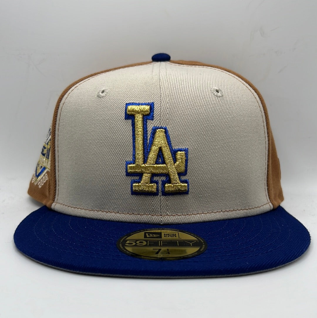 Los Angeles Dodgers MLB New Era 59Fifty Cooperstown Collection “50th Anniversary 1958-2008” Side Patch Khaki/Mocha/Royal Blue Fitted Hat