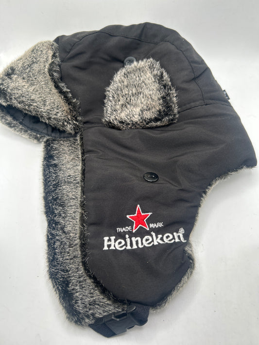 Heineken Beer Lightweight Vintage Trapper Style Ear Flap Fur Knit and Quilted Cap