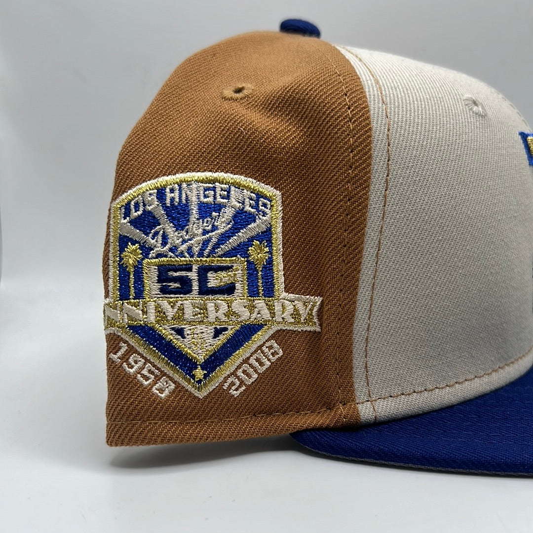 Los Angeles Dodgers MLB New Era 59Fifty Cooperstown Collection “50th Anniversary 1958-2008” Side Patch Khaki/Mocha/Royal Blue Fitted Hat