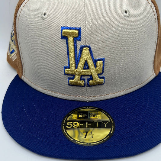 Los Angeles Dodgers MLB New Era 59Fifty Cooperstown Collection “50th Anniversary 1958-2008” Side Patch Khaki/Mocha/Royal Blue Fitted Hat