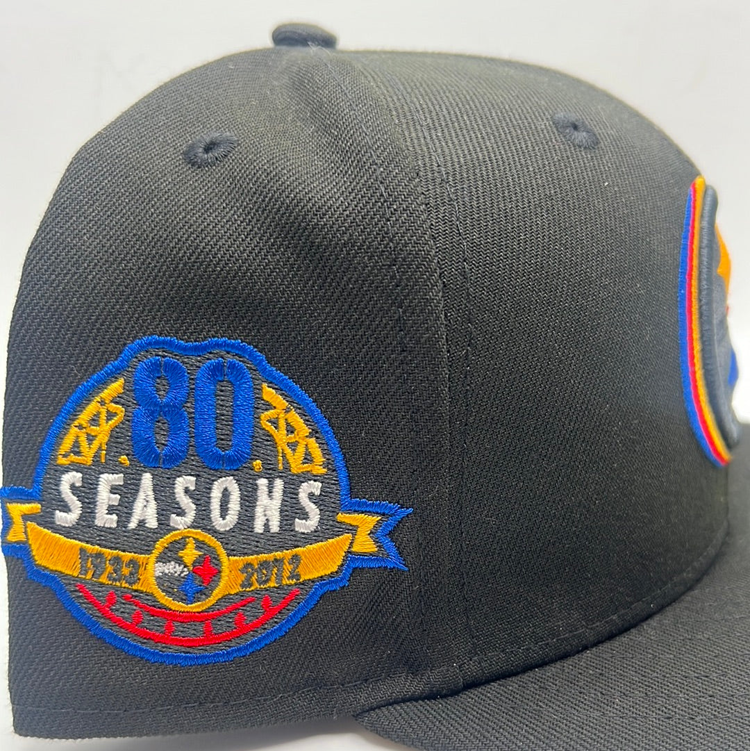 Pittsburgh Steelers NFL New Era 59Fifty Triple Outline “80 Seasons 1933-2012” Side Patch Fitted Hat