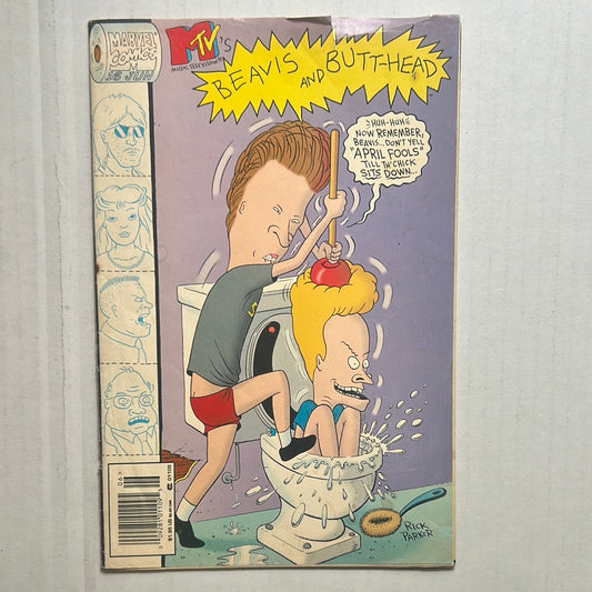 The image features the cover of a vintage issue of "Beavis and Butt-Head" from Marvel Comics, dated April 1995. The cover depicts the title characters, Beavis and Butt-Head, in a humorous and exaggerated pose.