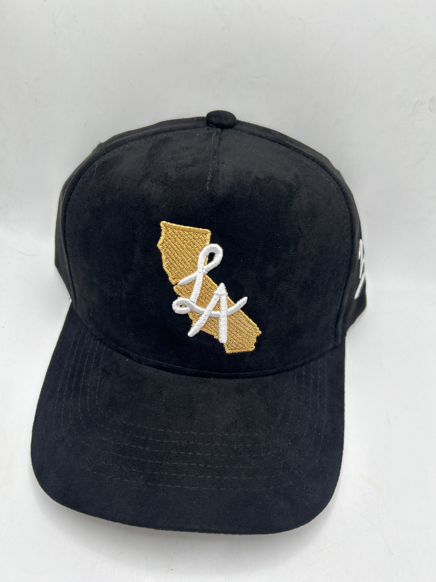 Los Angeles LA California State JSW Private Label Black/Gold Suede A-Frame SnapBack Hat