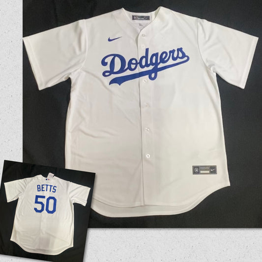 Los Angeles Dodgers MLB #50 Mookie Betts MEN Nike Genuine Merchandise Mens Jersey White with Royal Blue Lettering