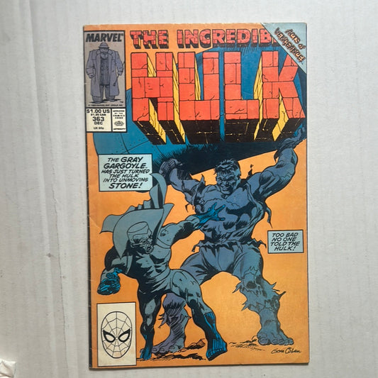 The cover of 'The Incredible Hulk' comic book featuring the character the Gargoyle turning the Hulk into unmoving stone.