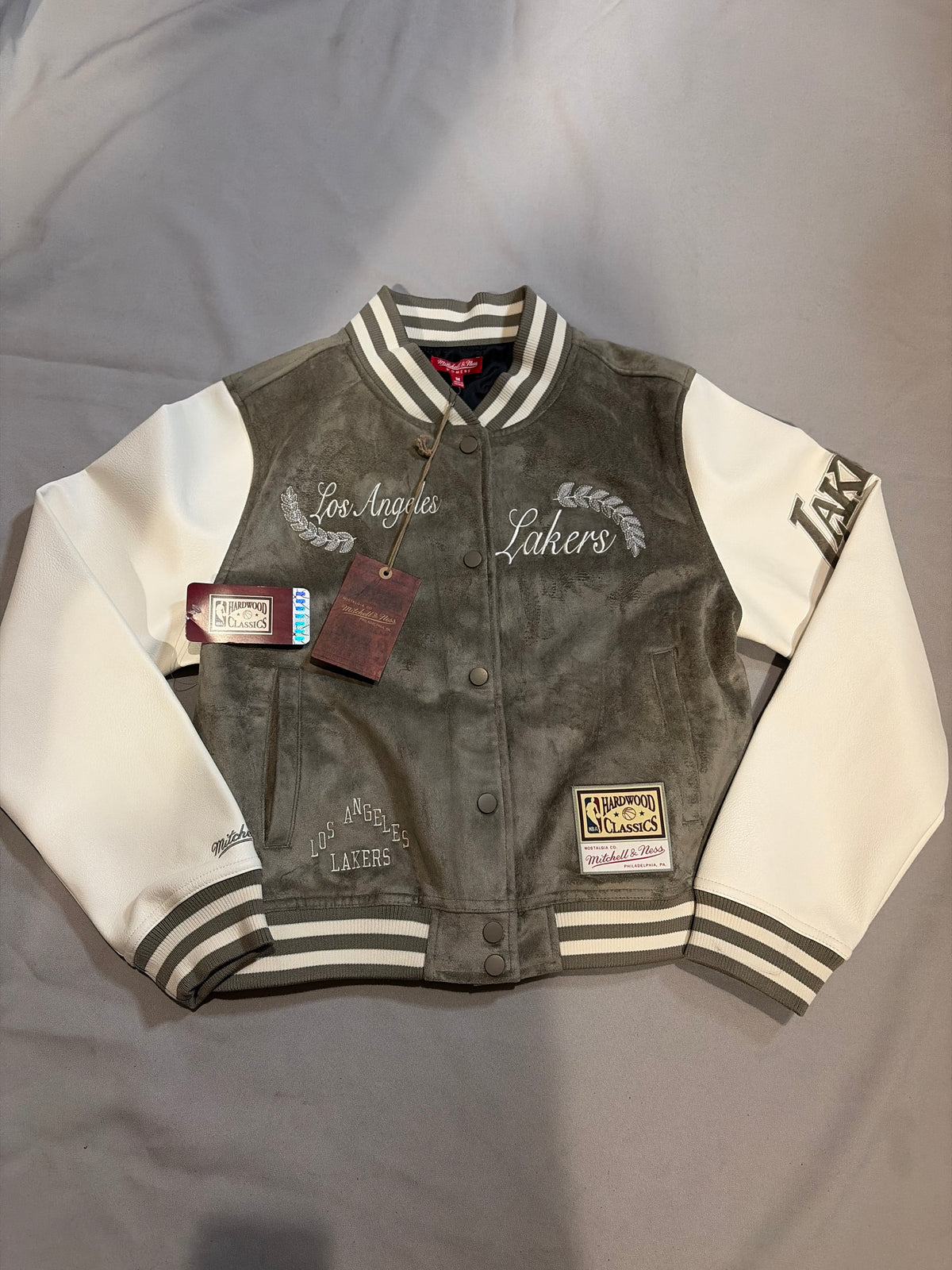 Los Angeles Lakers NBA Mitchell and Ness Tan Varsity Full-Snap Suede With leather Women Jacket
