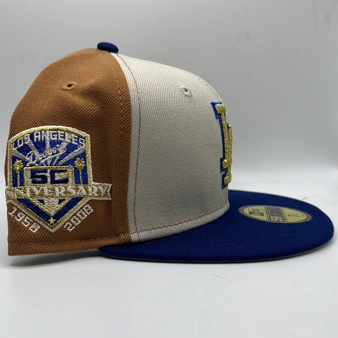 Los Angeles Dodgers MLB New Era 59Fifty Cooperstown Collection “50th Anniversary 1958-2008” Side Patch Khaki/Mocha/Royal Blue Fitted Hat