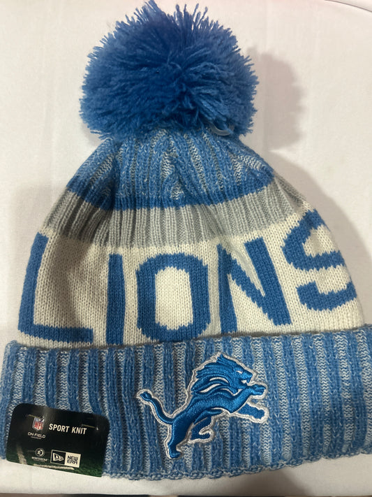 Detroit Lions NFL New Era One Time Removable Pom Knit Beanie - Heather Blue