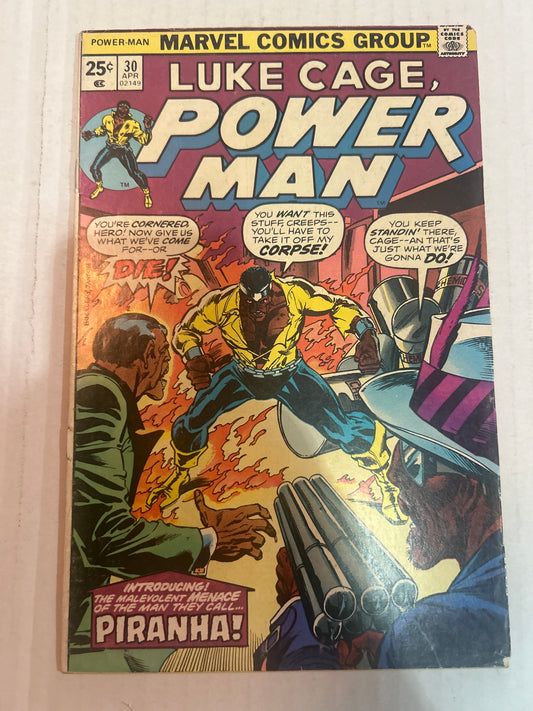 Luke Cage, Power Man by Marvel Comics Books "Introducing the Malevolent Menace of the Man They Call PIRANHA!" #30 Comic Book