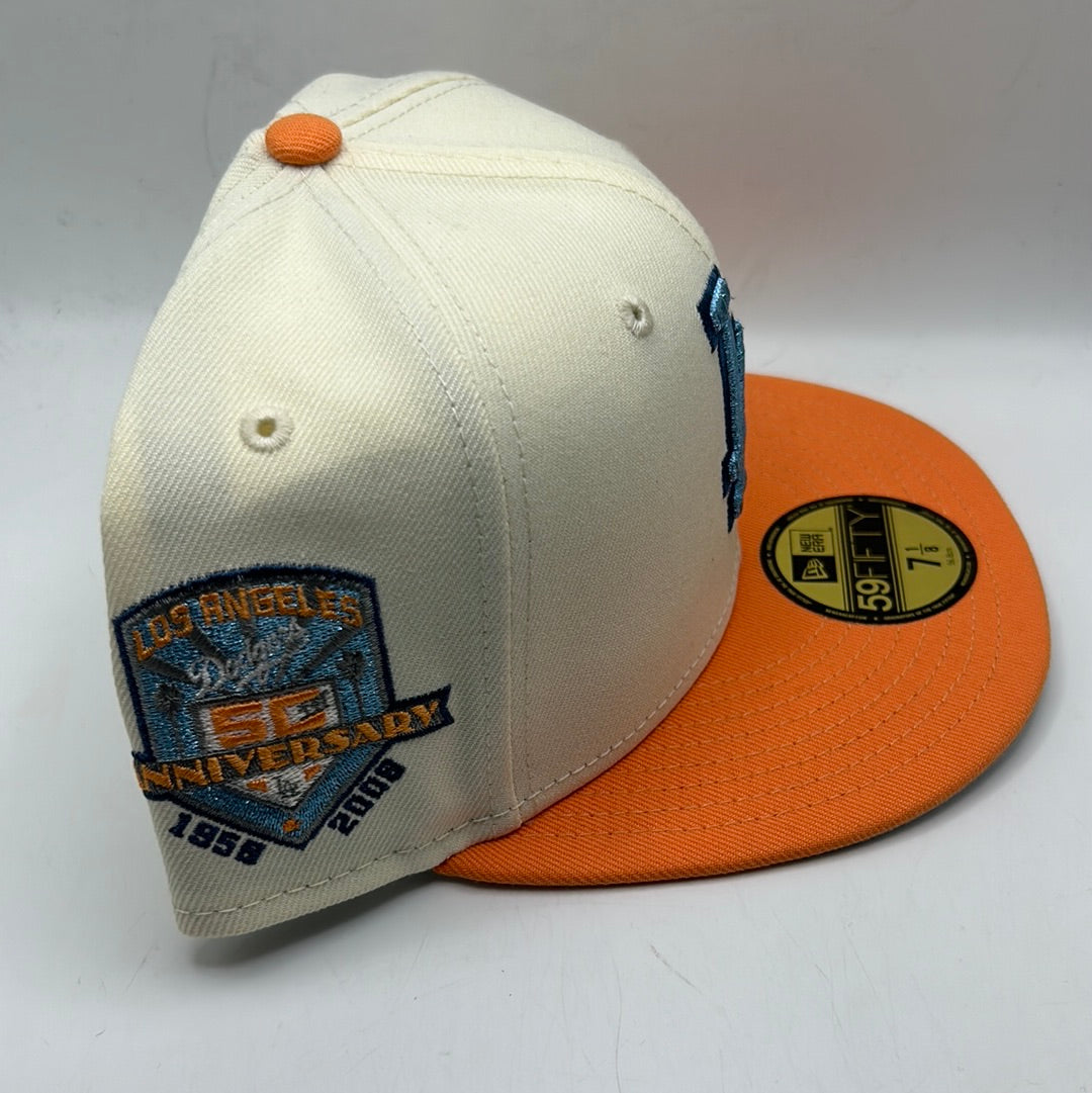 Los Angeles Dodgers MLB New Era 59 Fifty "Los Angeles 50th Anniversary 1958-2008" Patch Off White/Orange Fitted Hats