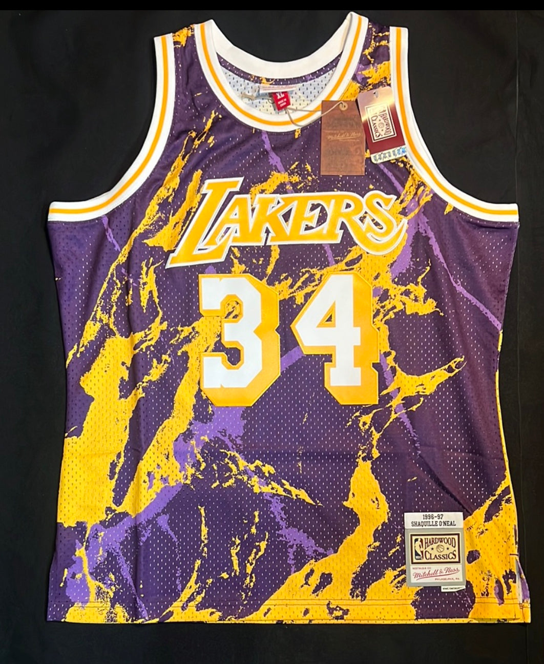 Los Angeles Lakers NBA 1996 #34 Shaquille O’Neal Mitchell & Ness Hardwood Classics Marble Wingman Jersey