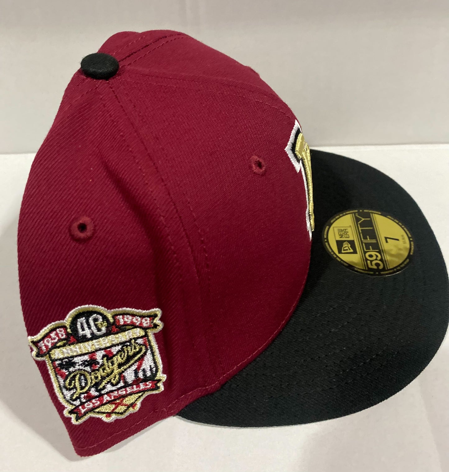 Los Angeles Dodgers MLB 59Fifty New Era “1958-1998 Los Angeles 40th Anniversary” Patch Fitted Hat Burgundy/Black