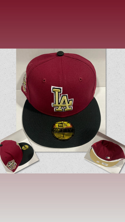 Los Angeles Dodgers MLB 59Fifty New Era “1958-1998 Los Angeles 40th Anniversary” Patch Fitted Hat Burgundy/Black