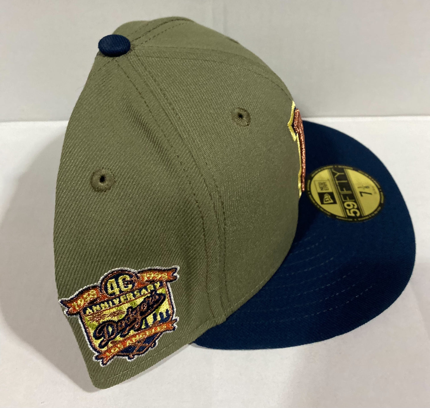 Los Angeles Dodgers MLB 59Fifty New Era “1958-1998 Los Angeles 40th Anniversary” Patch Fitted Hat Olive/Navy