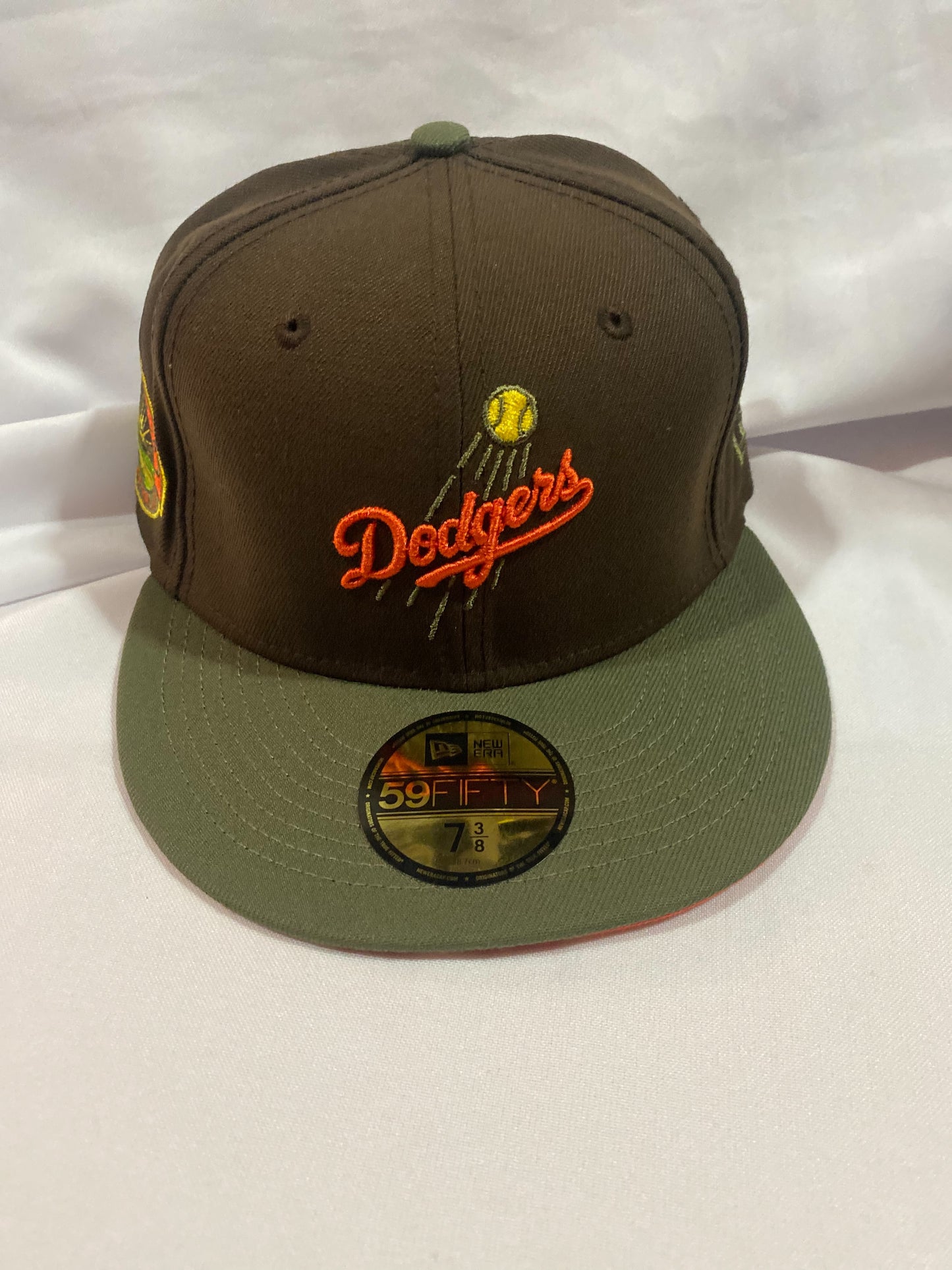 Los Angeles Dodgers MLB 59Fifty New Era “Dodger Stadium 50th Anniversary” Patch Fitted Hat Olive/Orange