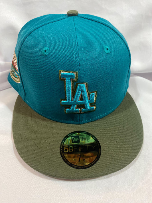 Los Angeles Dodgers MLB 59Fifty New Era “Dodger Stadium 50th Anniversary” Patch Fitted Hat Turquoise/Olive