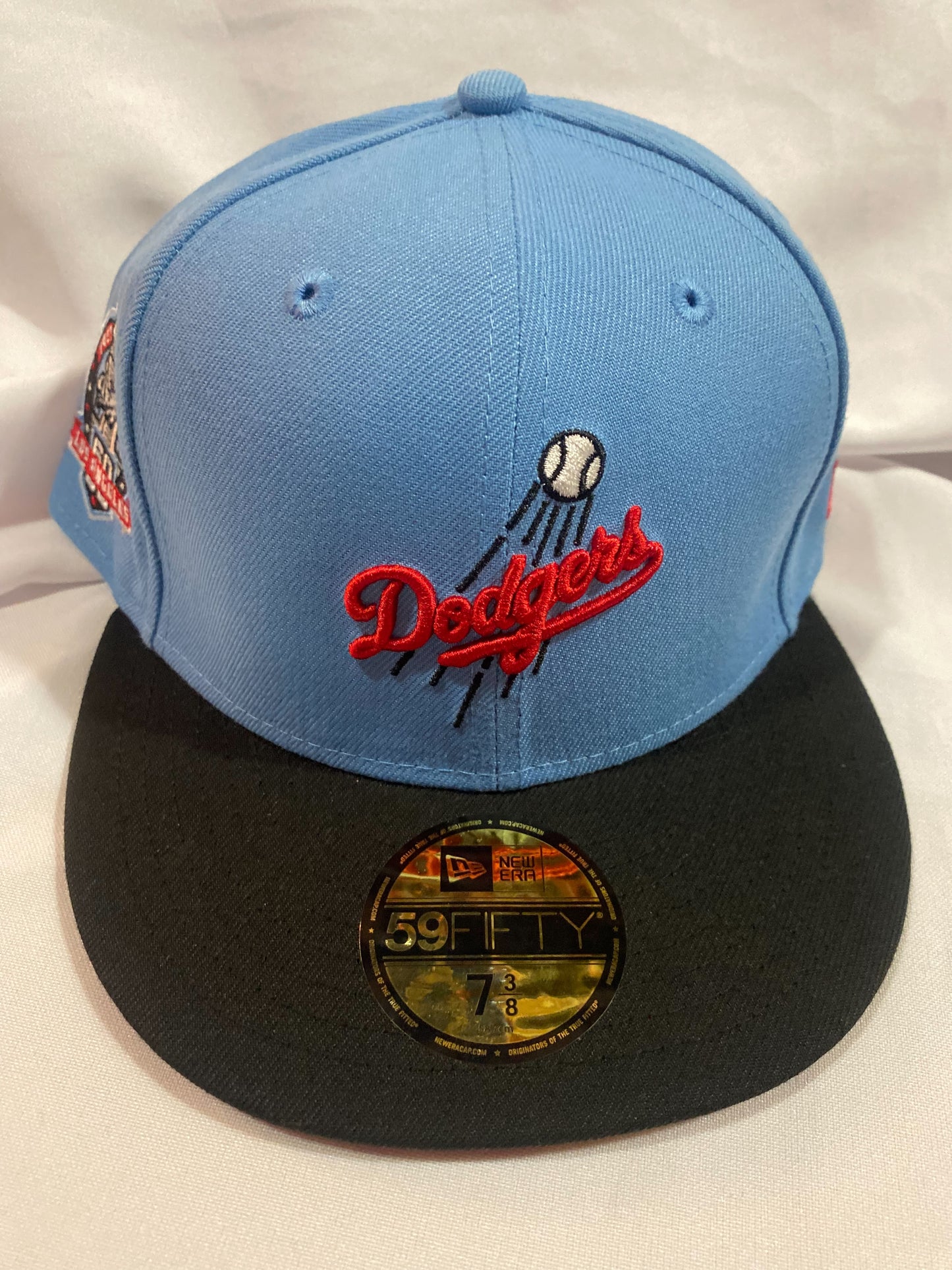 Los Angeles Dodgers MLB 59Fifty New Era “1958-2018 Los Angeles 50th Anniversary” Patch Fitted Hat Sky Blue/Black