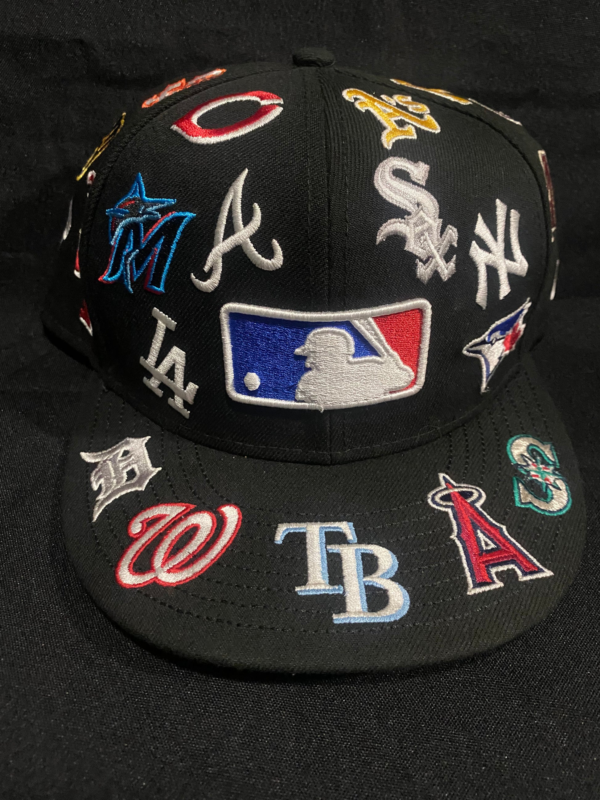 MLB New Era Teams Patch Logos All Over Black 59Fifty Fitted Hat Joe s Sports World LLC