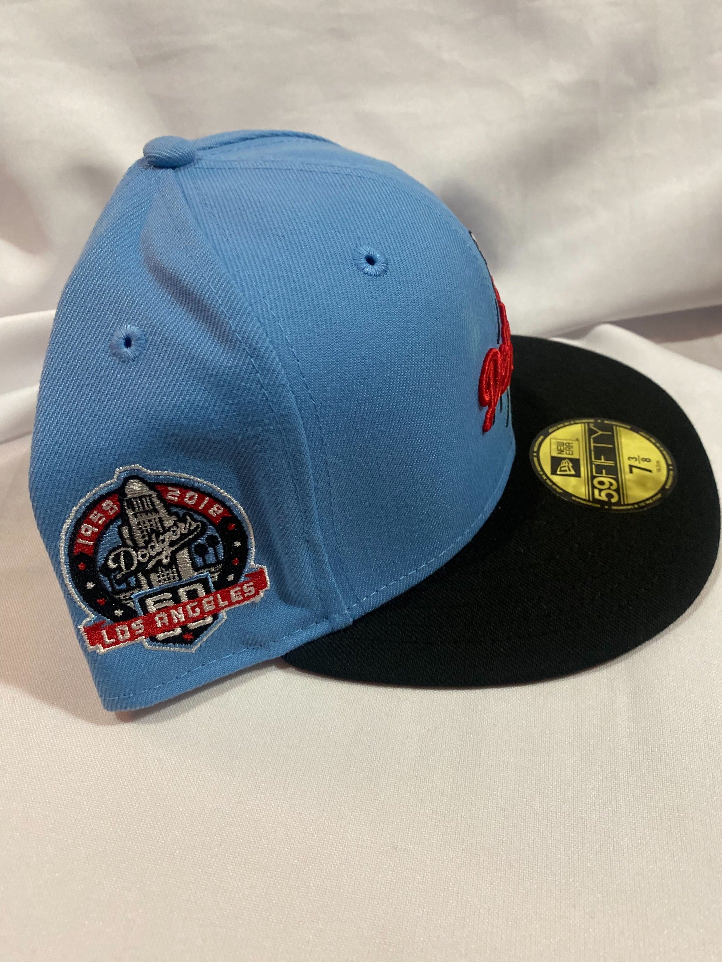 Los Angeles Dodgers MLB 59Fifty New Era “1958-2018 Los Angeles 50th Anniversary” Patch Fitted Hat Sky Blue/Black