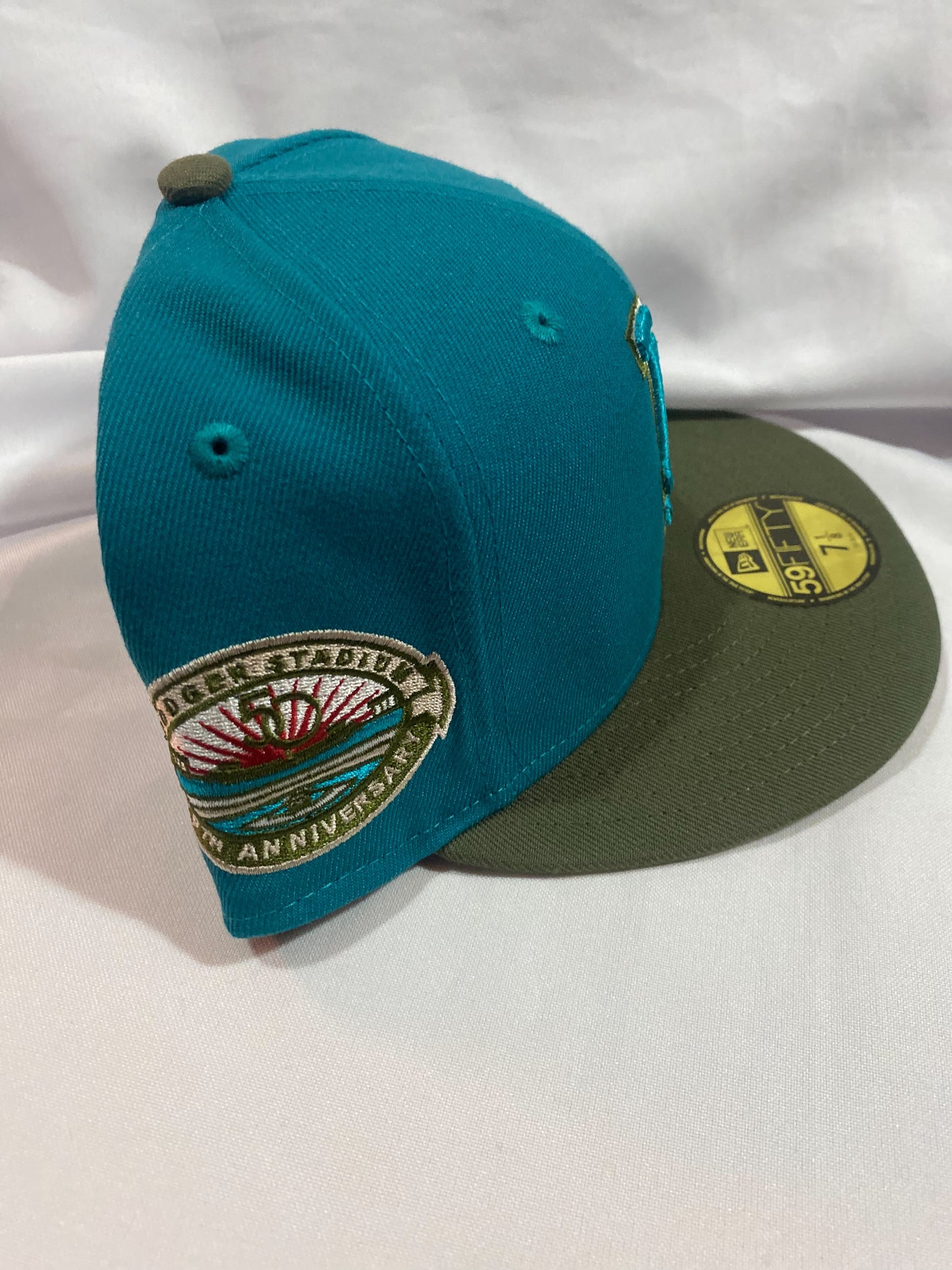 Los Angeles Dodgers MLB 59Fifty New Era “Dodger Stadium 50th Anniversary” Patch Fitted Hat Turquoise/Olive